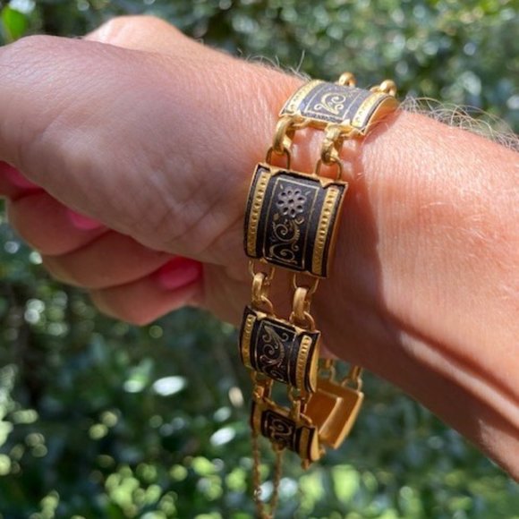 VTG Spanish Damascene Square Gold Link Bracelet and Earrings SET - Picture 3 of 10